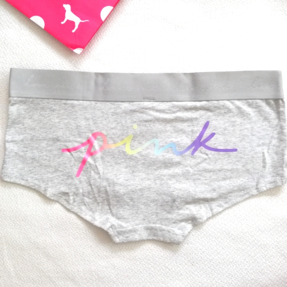 Victoria's Secret VS PINK Logo Boyshorts Panties medium rainbow booty gray nwt